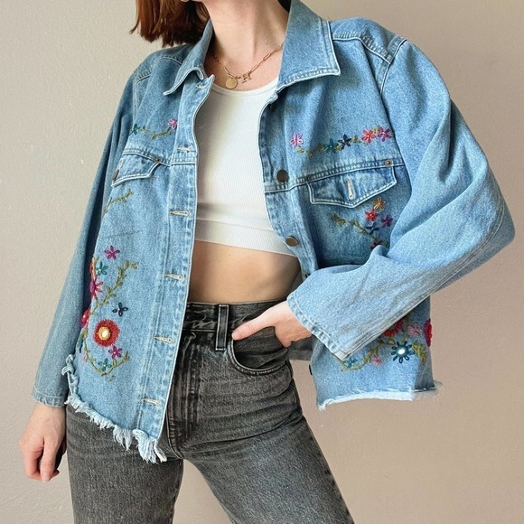 Vintage Carole Little Denim Flower Embroidered Denim Jacket w/ Raw Hem - Picture 2 of 8